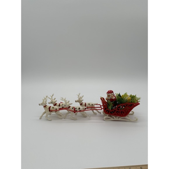 Other - Vintage Plastic Santa Claus Red Sleigh 4 White Reindeer Christmas Tabletop Decor